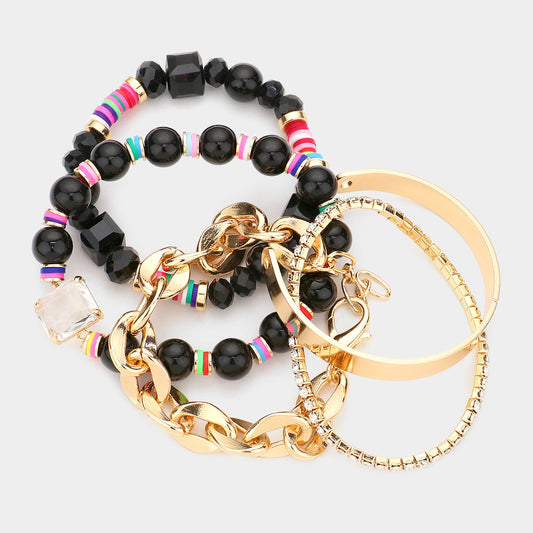 Glass Stone Accented Beaded Bracelets and Metal Cuff