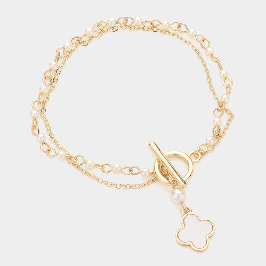 Mother of Pearl Quatrefoil Charm Toggle Bracele