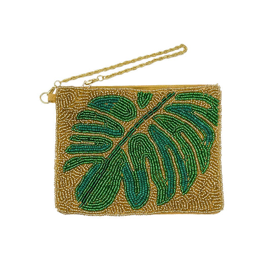 Seed Beaded Tropical Leaf Mini Pouch