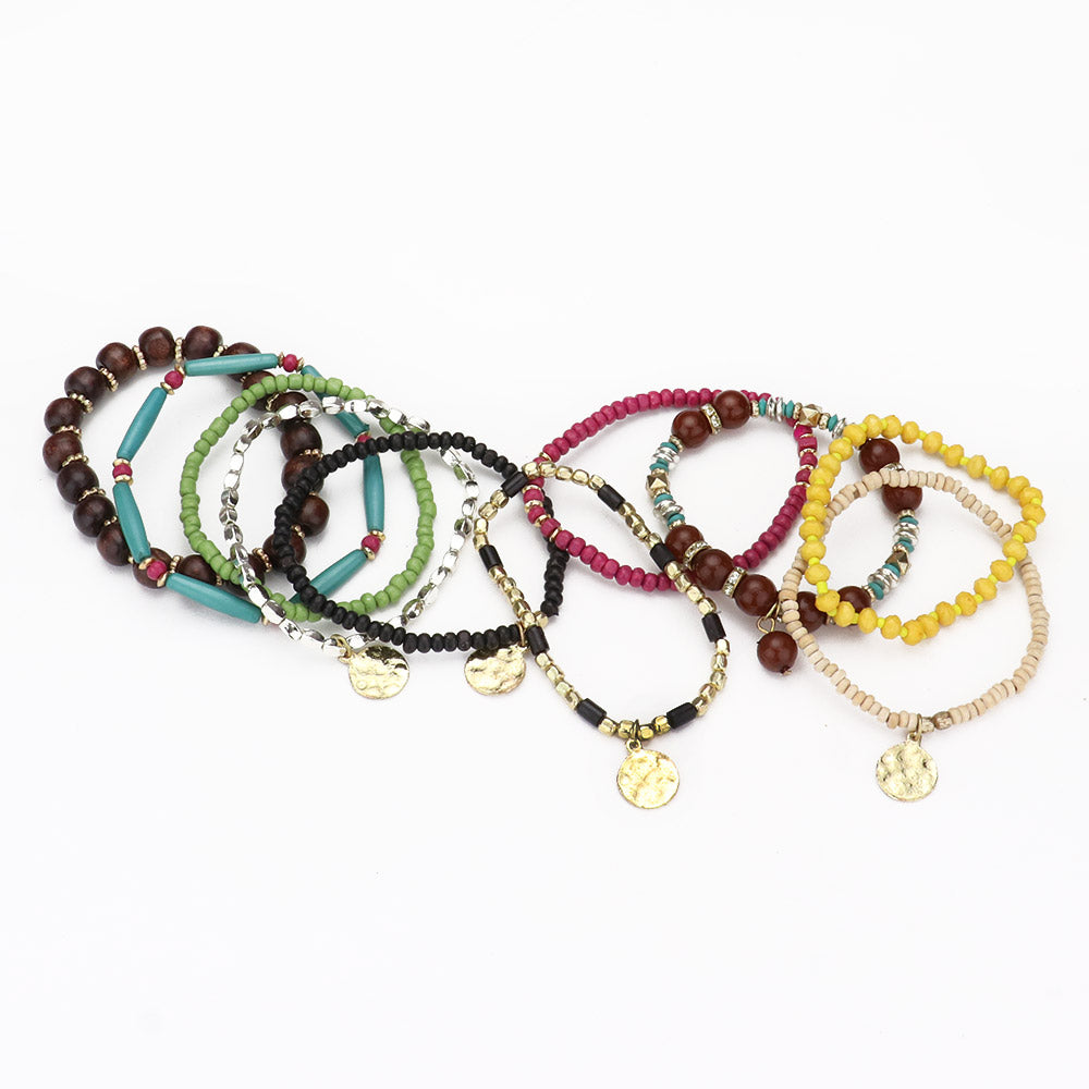 Disc Charm Wood Multi Beaded Bracelets