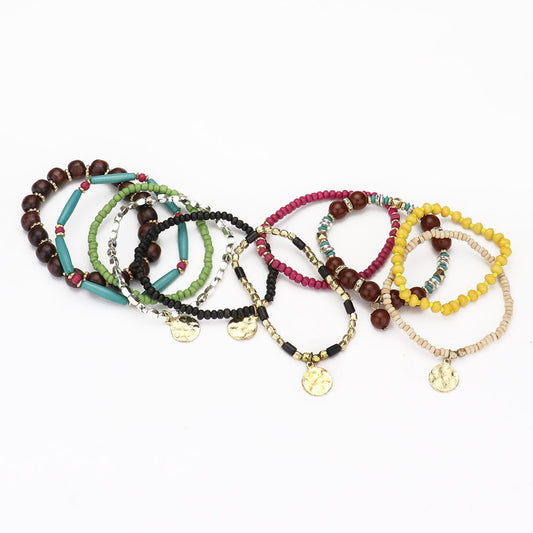 Disc Charm Wood Multi Beaded Bracelets
