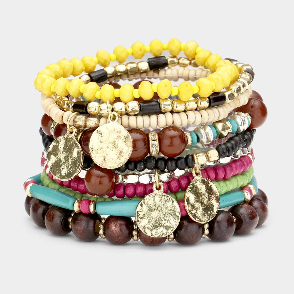 Disc Charm Wood Multi Beaded Bracelets