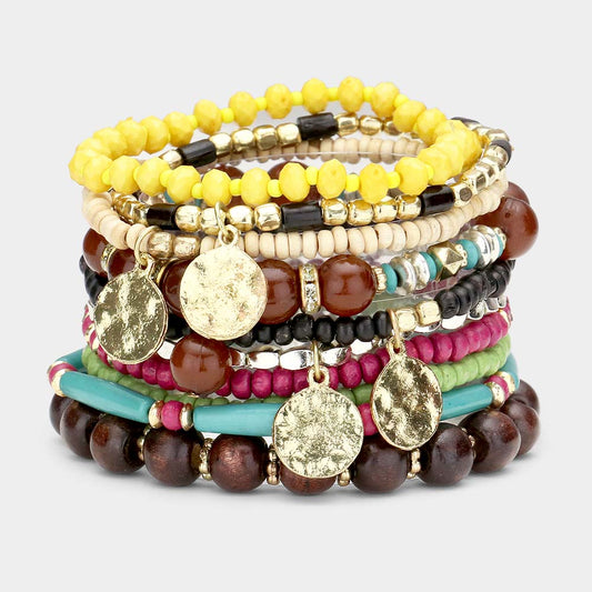 Disc Charm Wood Multi Beaded Bracelets