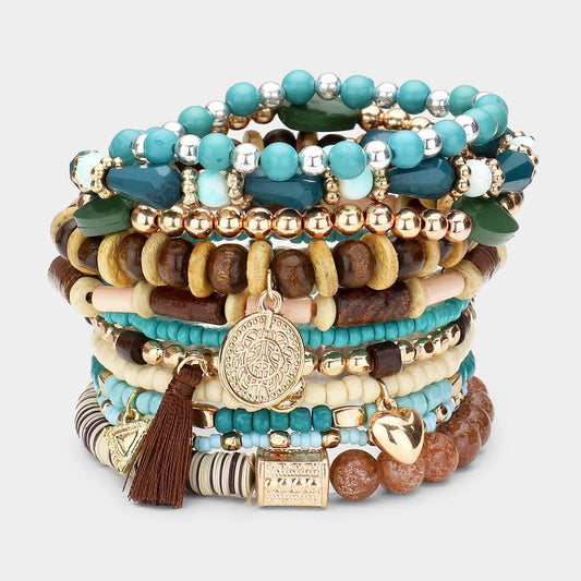 Coin Heart Tassel Multi Beaded Bracelets