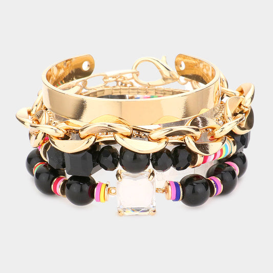 Glass Stone Accented Beaded Bracelets and Metal Cuff