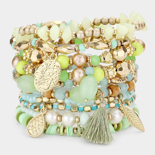 Leaf Teardrop Charm Multi Beaded Bracelets