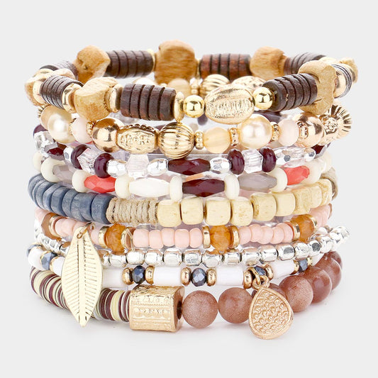 Leaf Charm Beaded Multi Bracelets
