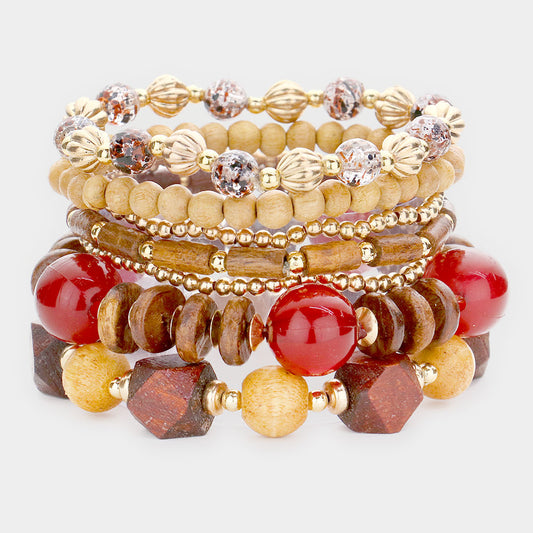 Wood Multi Beaded Stretch Bracelets